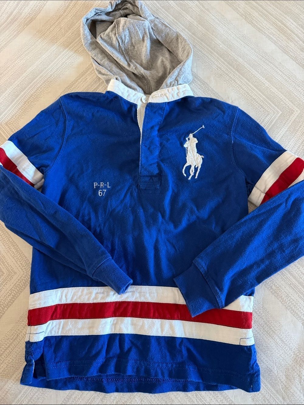 Polo Ralph Lauren Boys Size 6 Rugby Shirt Gray Hood Blue Pony Logo Long Sleeve